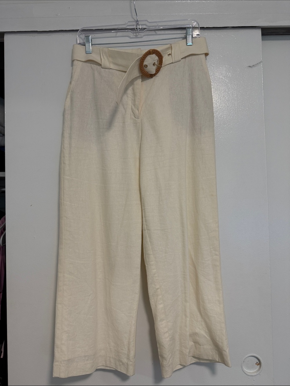 Rachel Zoe High-Waist Cream Wide-Leg Pants with Woven Belt